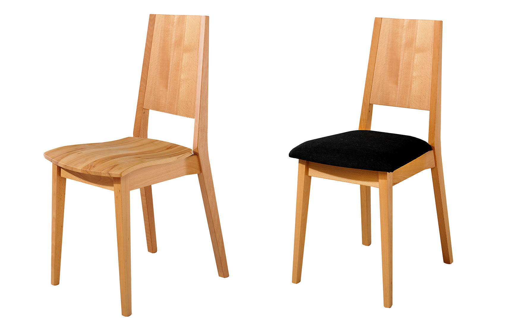 Stuhl Alto Typ 1 mit massivem Rückenteil
Links mit Holzsitz, rechts mit Ledersitz
